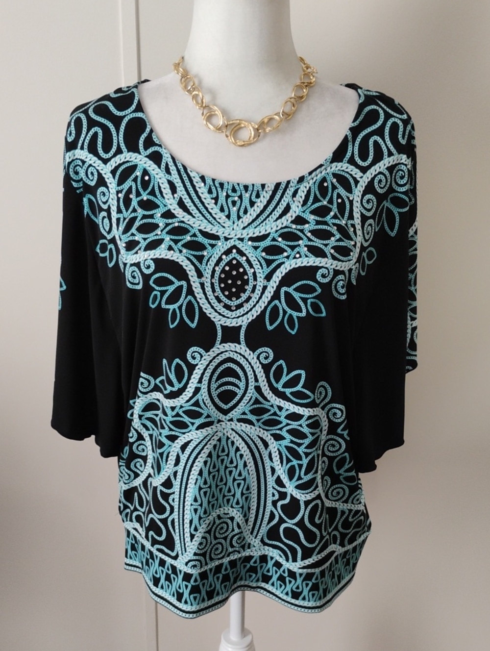 Pretty JM Collection Black Top with Teal Embroidered Pattern